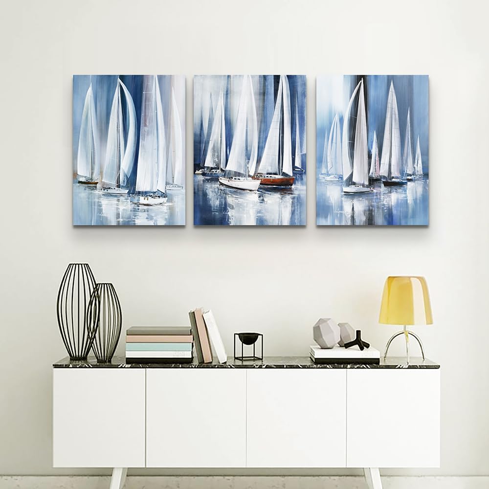 3 Piece Framed Canvas Wall Art For Living Room Bathroom Bedroom Wall Art Decor Ocean Landscape Sailboat Abstract Canvas Painting Ready To Hang Office Home Decoration Sea Poster Pictures Wall Artworks