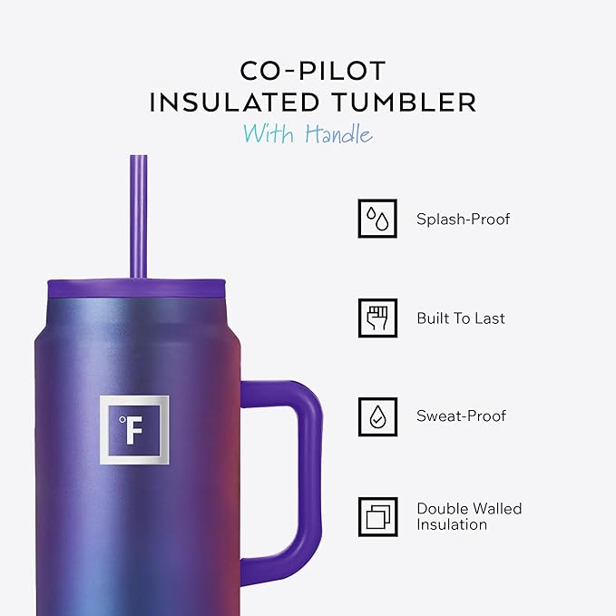 IRON °FLASK Co-Pilot Insulated Mug w/Straw & Flip Cap Lids - Cup Holder Bottle for Hot, Cold Drink - Leak-Proof - Water, Coffee Portable Travel Mug - Lavender, 50 Oz