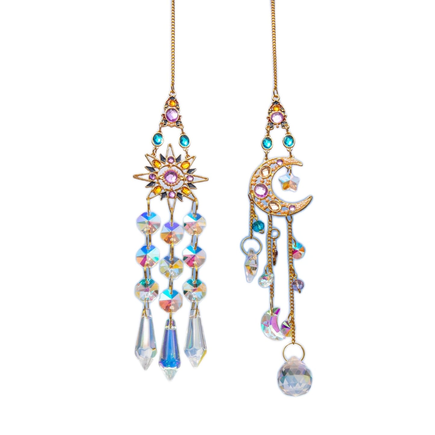 Sun Moon Crystal Suncatcher Set - Rainbow Maker Window Hanging Ornament for Home Garden Car Decor & Spiritual Gift (2-Pack)