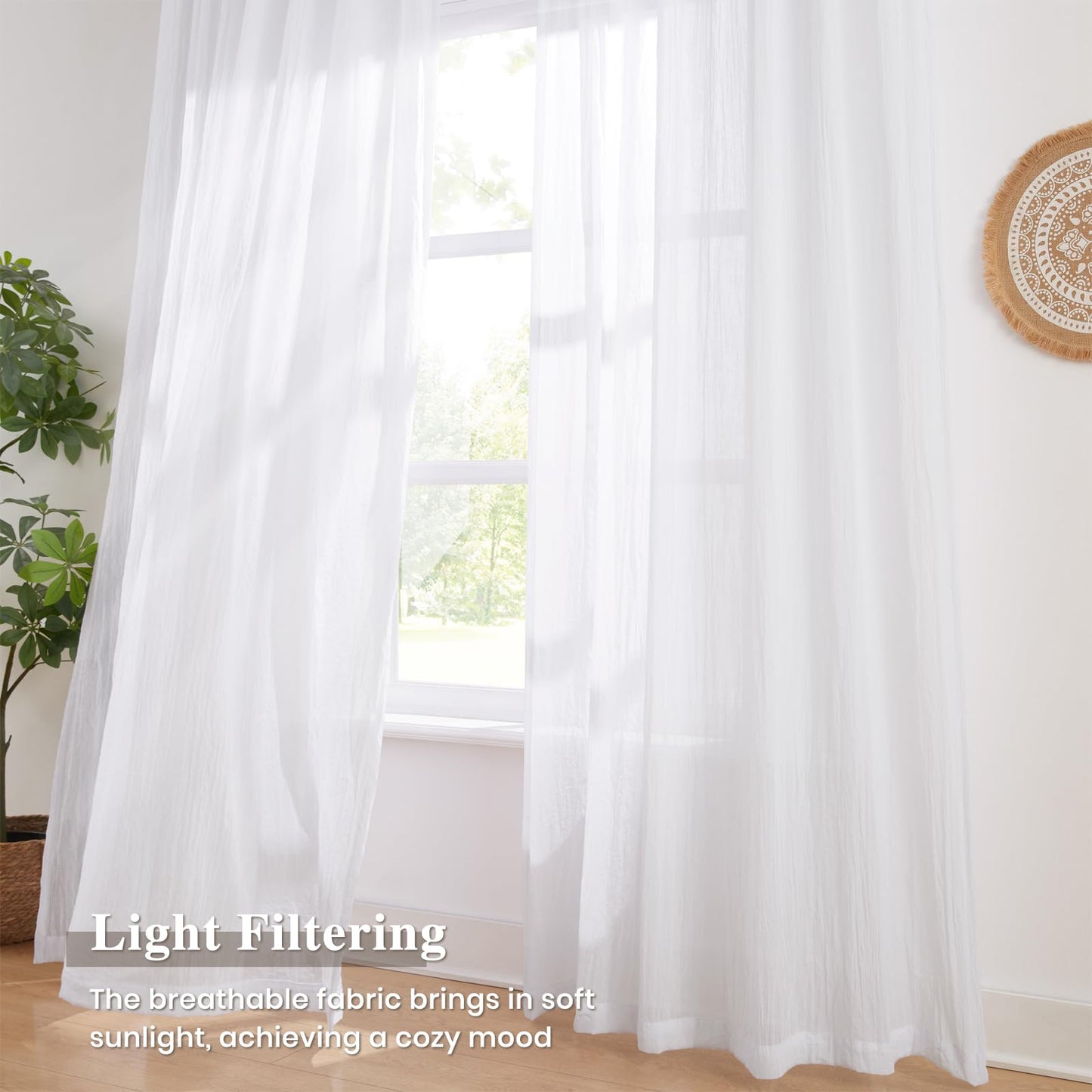 Melodieux Cotton Sheer Curtains 63 Inch Length 2 Panels, Light Filtering Pinch Pleated Cafe Curtains Panels, Back Tab Bedroom and Nursery Kitchen Drapes with Hooks, 40x63 Inch, White