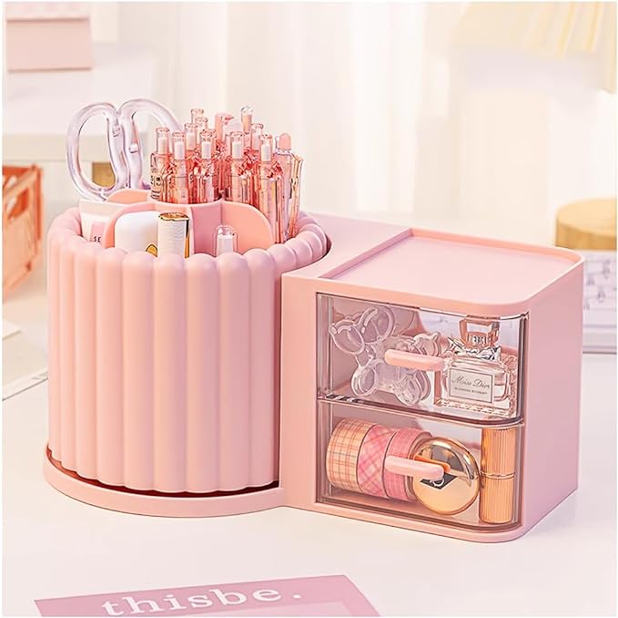 360 Rotating Makeup Organizer Countertop with 2 Drawers, Makeup Brush Holder, Small Preppy Organizer, 9.25x5.11 Inch, Pink