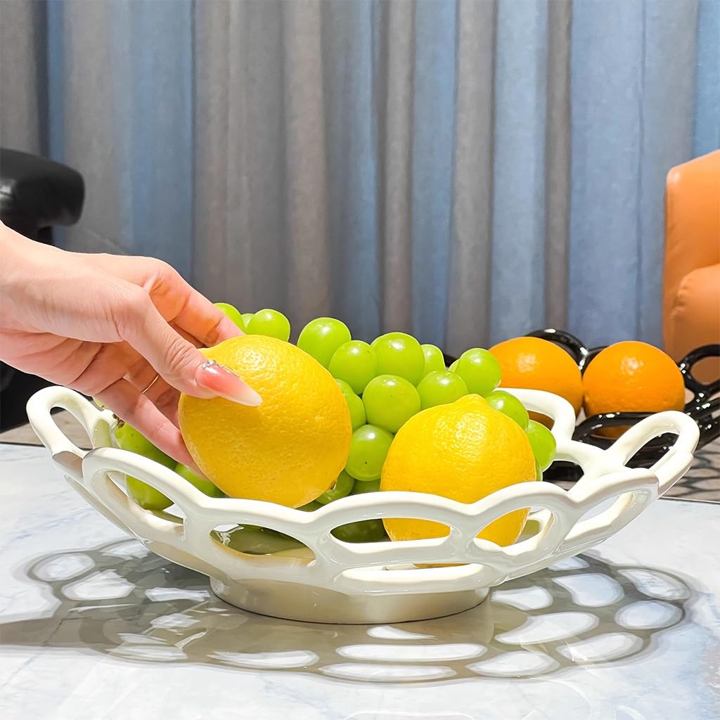 KITCISSL Fruit Bowl Ceramic Fruit Plate Living Room Household Coffee Table Decor, Coffee Table Decorative Centerpiece Candy Snacks Storage Basket Modern Creative Hollow Fruit Basket(White)