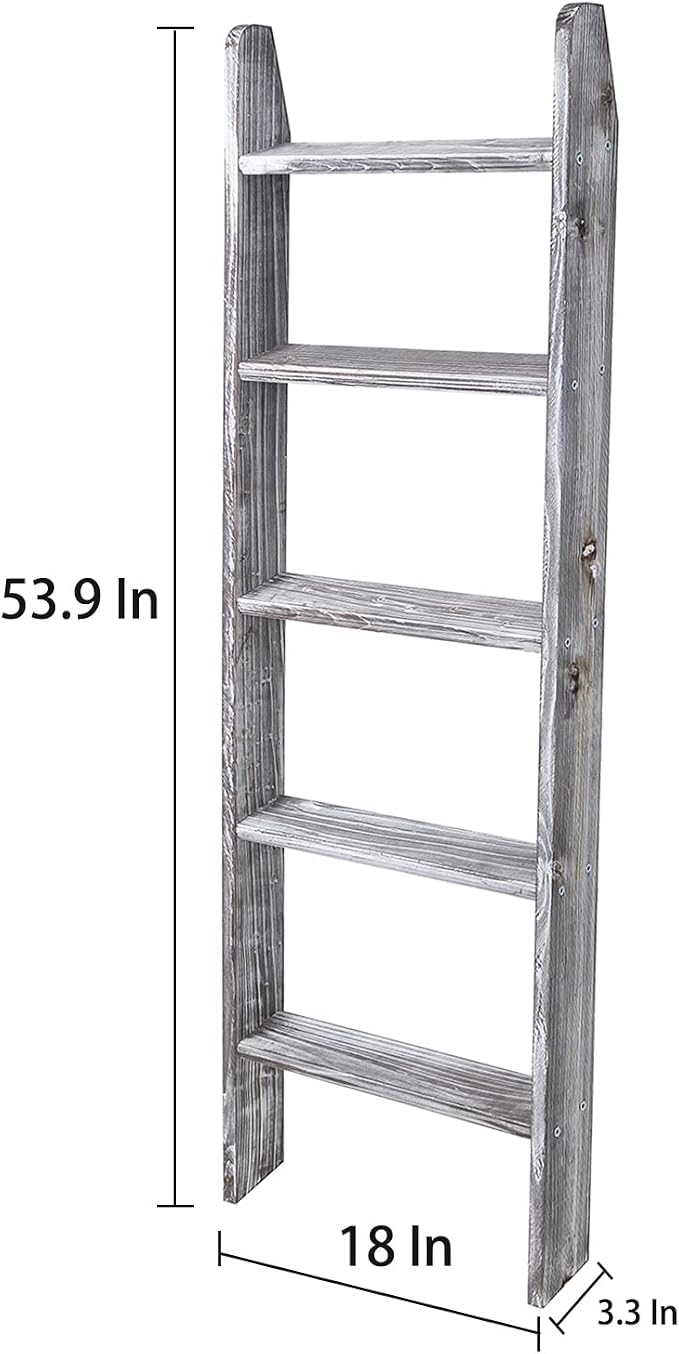 Rustic 5-Tier Wall-Leaning Wood Loadder Towel Racks for Bathroom Livingroom Kithen Office Woden Farmhouse Ladder-Style Blanket Rack Multipurpose Organizer Rack for Home (Grey)