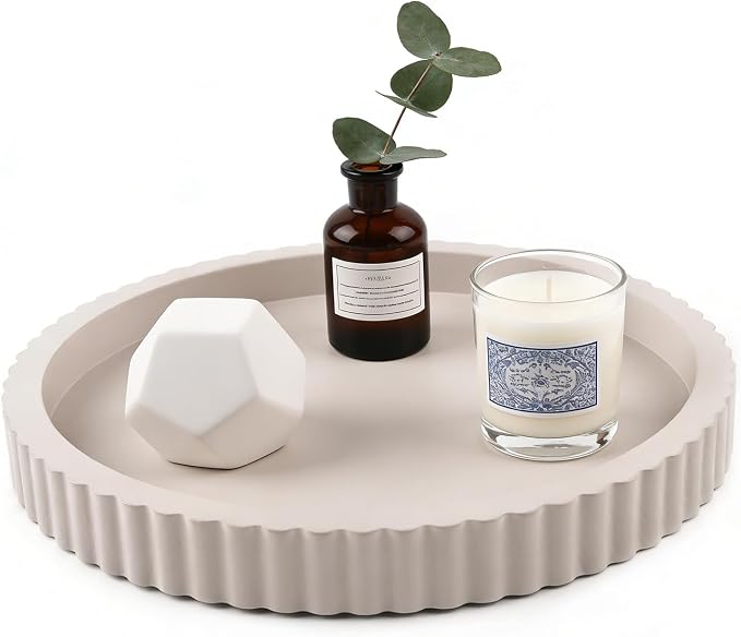 Modern Decorative Tray for Coffee Table, 11" Wooden Gray Beige Round Small Decor Tray for Candle, Perfume, Vanity, Kitchen Island Counter & Table Centerpiece