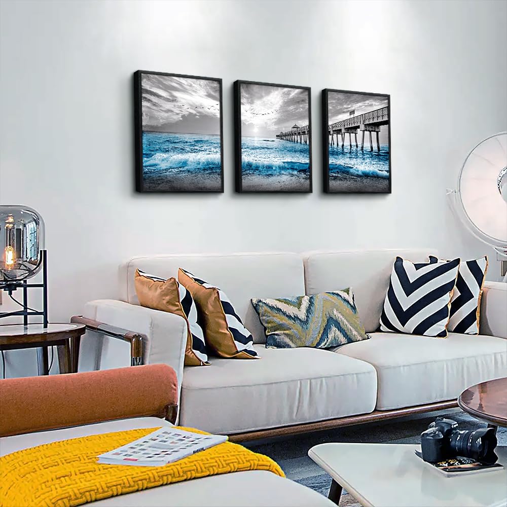 Black Framed Canvas Wall Art - Living Room, Bedroom & Office Decor - Blue Ocean Sea Wave Pictures - Modern Home Decor