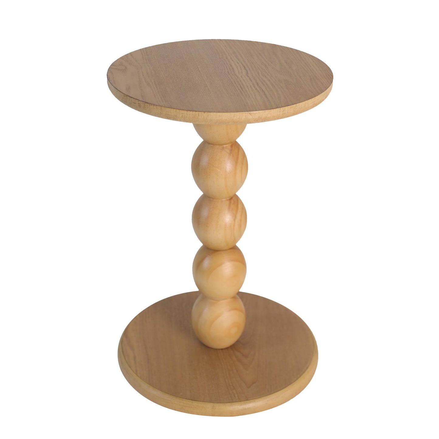 dwellington Small Round Wooden Side Table with Stacked Ball Pedestal Base, 12.4 X17.32 Accent Nightstand for Living Room, Bedroom, Corners (Natural)