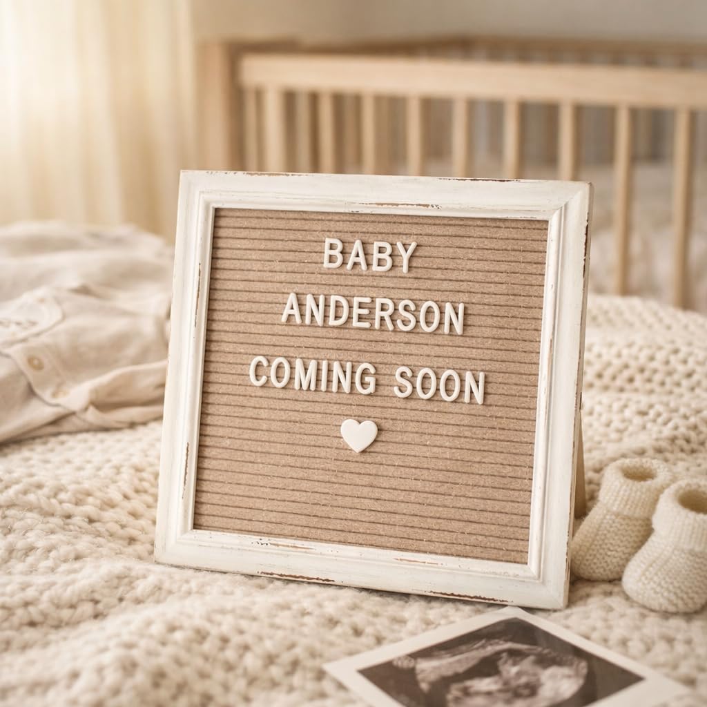 Cappuccino Felt Letter Board Back to School Sign with Rustic Wood White Frame - Farmhouse Letter Board Sign with Stand - Baby Announcement 10x10 Felt Board Changeable Message Board with 350 Letter Set