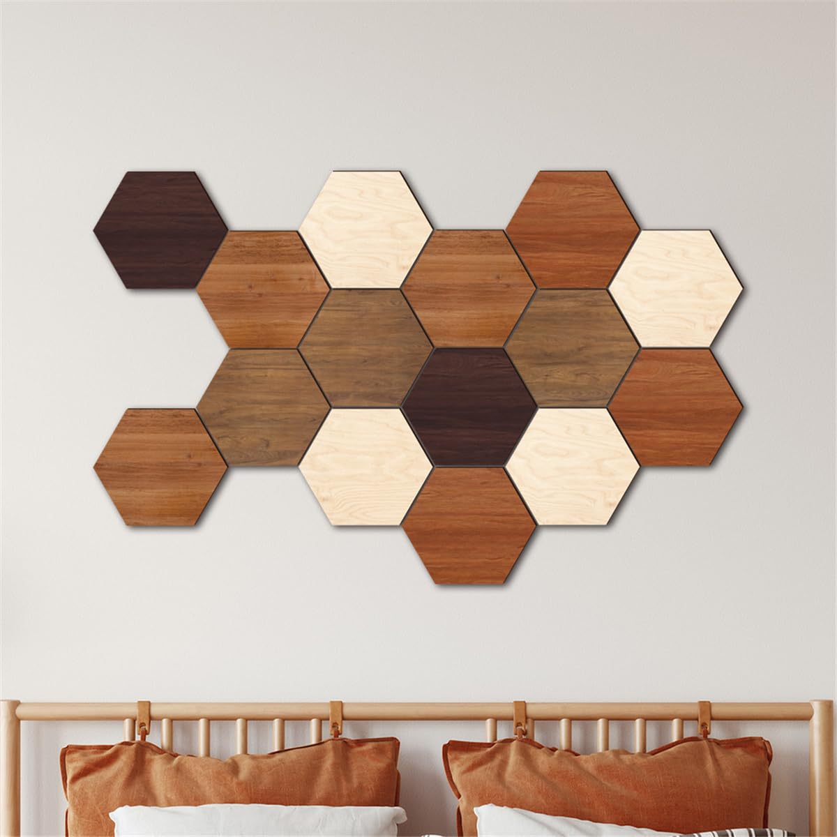 Wooden Multi Color Wall Art Decals, 15 PCS 3D Hexagon Wall Tiles for Office, Living Room, Bedroom, Home