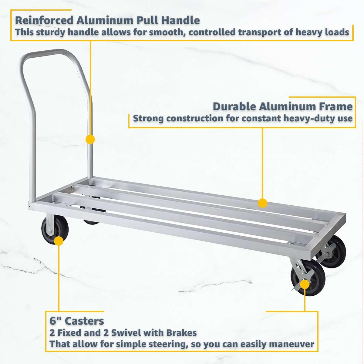 20" x 60" Mobile Aluminum Dunnage Rack - 1600 lb. Capacity, Heavy-Duty Rolling Storage Platform with Handle and Casters, NSF Certified Aluminum Rack for Kitchen, Warehouse, Food Storage