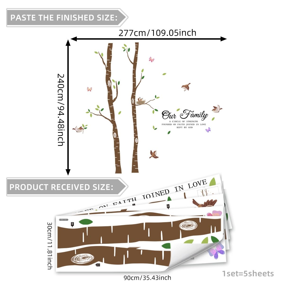 iMagitek Large Birch Tree Birds Wall Decals, Religious Family Quotes Wall Stickers for Living Room Home Decor, 109x94 Inches