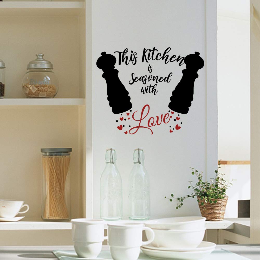 Funny Family Kitchen This Kitchen is Seasoned with Love Vinyl Wall Art Decal Sticker, Family Home Decor Removable Vinyl for Dining Room Living Room Blank Wall (11.8''×23.6'')