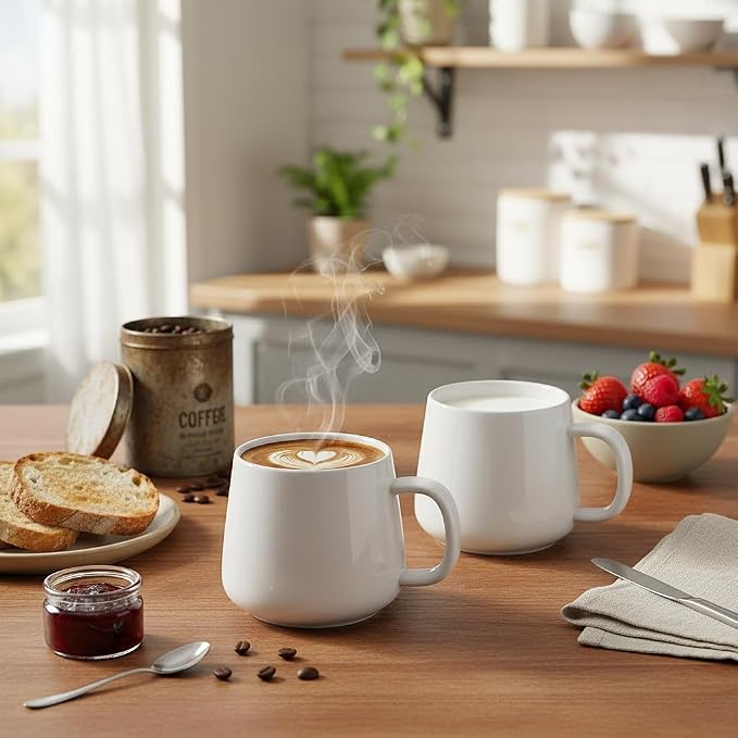Teocera Coffee Mugs Set of 6-12oz Chip-Resistant Ceramic Cups with Ergonomic Handle | Dishwasher & Microwave Safe White Mugs | Keeps Beverage Hot, Perfect for Family Kitchen & Holiday Gifts