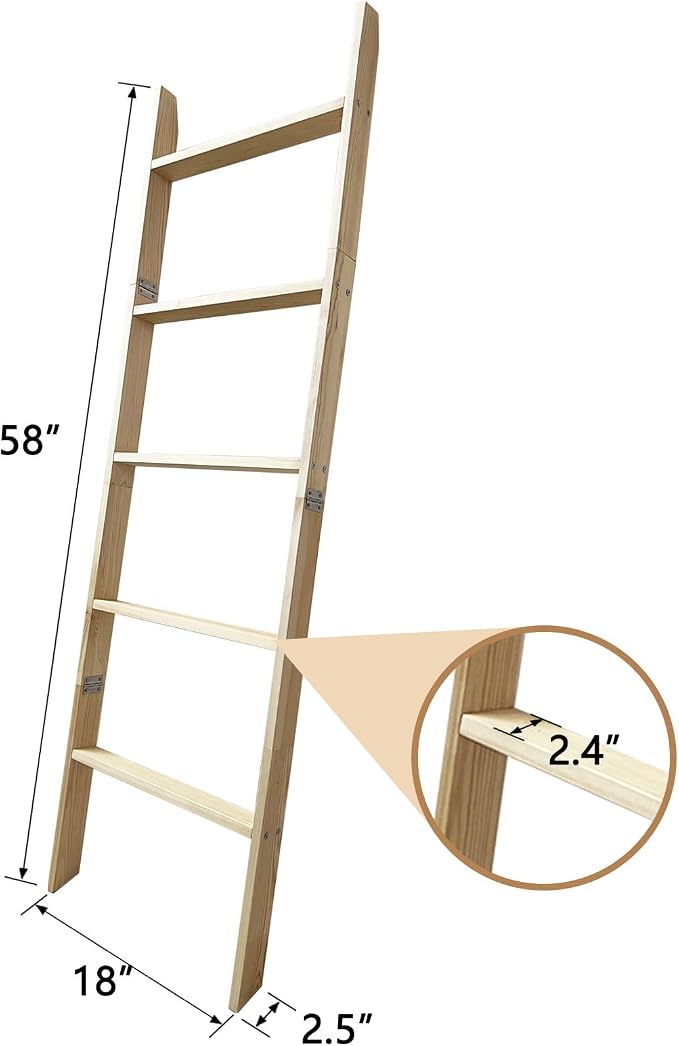 5-Tier Blanket Ladder – 4.8 Ft Wall Leaning Quilt Rack, Farmhouse Blanket Storage for Living Room, Bedroom & Bathroom – Rustic Decorative Wooden Towel & Quilt Holder, Easy to Assemble