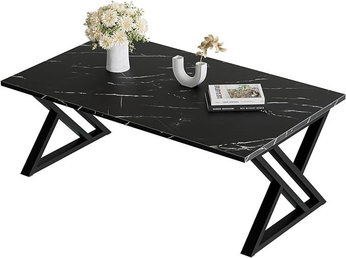 Wolawu Coffee Table Living Room Table Black Center Table, Simple Modern Faux Marble Rectangular Tea Table with Sturdy Black-Finished Metal Frame,Industrial Wooden Coffee Table for Bedroom Home Office