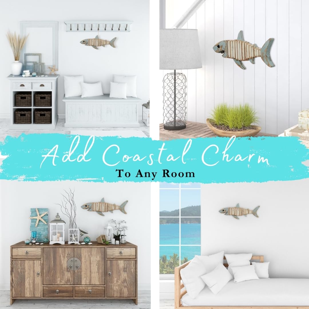 Mint Bucket Brands Driftwood Fish Nautical Wall Decor - Handmade Wooden Rustic Coastal Wall Art for Living Room, Bedroom, Office, Bathroom - Ocean Beach Decoration (Raya)