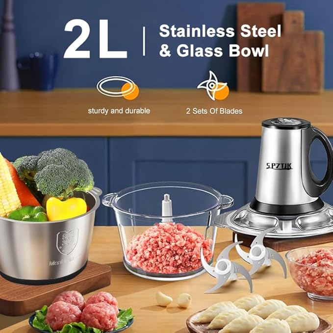 SPZTJK 3-Speed Electric Food Processor: Meat Grinder, Vegetable Chopper & Baby Food Maker - 300W, 2 Bowls (8 Cup Stainless Steel+8 Cup Glass), Quiet Operation