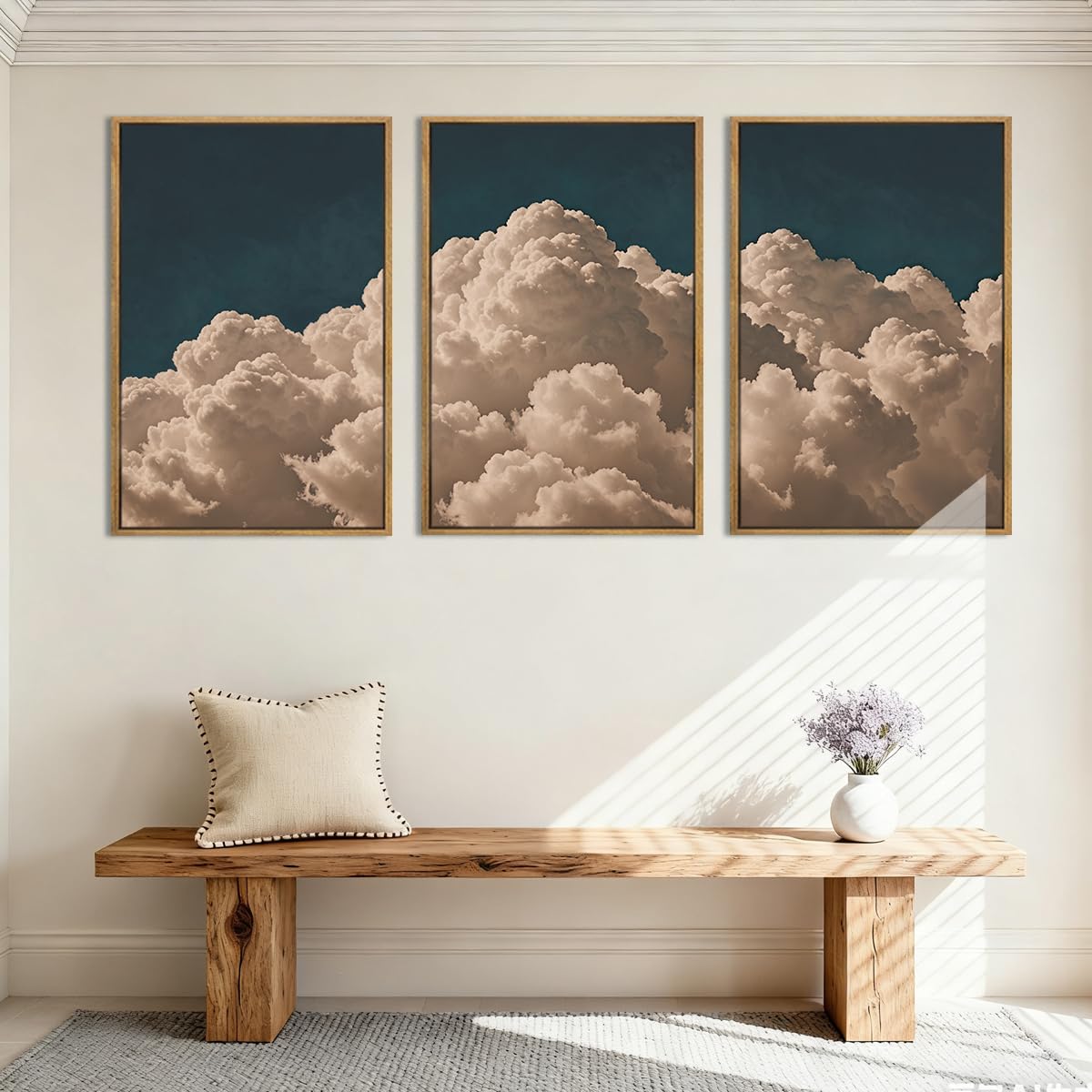 IARTTOP Large Framed Cloud Blue Wall Art 16x24 Inch Navy Cloud Canvas Painting Modern Abstract Sky Landscape Wall Decor for Living Room Bedroom Dining room Set of 3