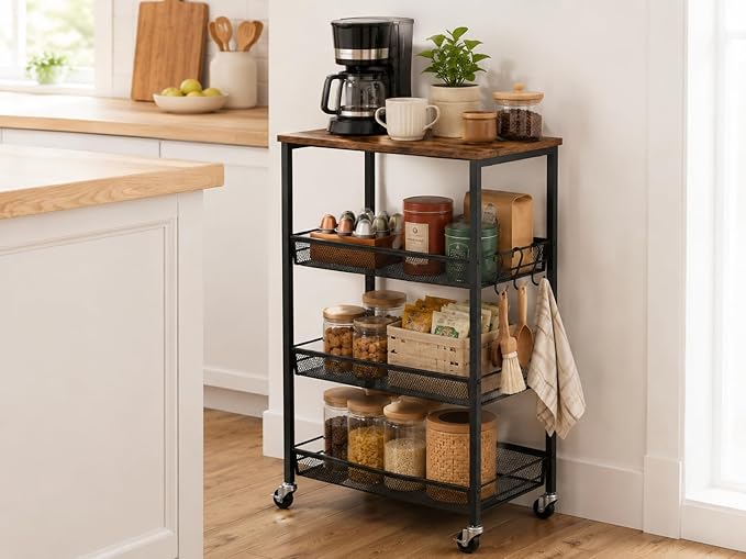 Homleke 4-Tier Rolling Kitchen Storage Cart, Utility Cart with Wooden Tabletop & Metal Baskets, Fruit Vegetable Basket for Kitchen, 3-S Hooks, Rustic Brown and Black