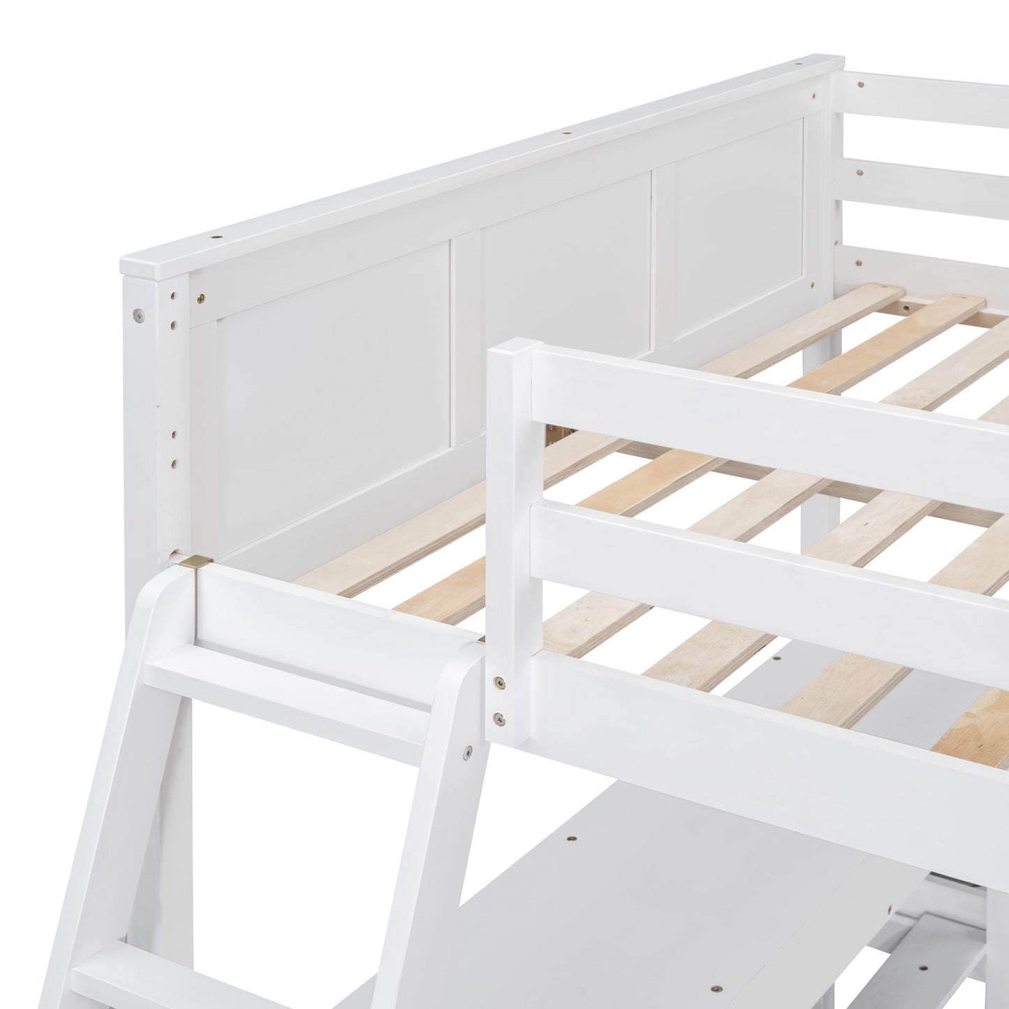 Full Over Full Bunk Beds with Desk, Wood Full Loft Bed Frame with Desk and A Stand-Alone Bed, L-Shaped Bunk Bed for Kids, Teens, Adults (Bottom Bed Can Be Moved, White)