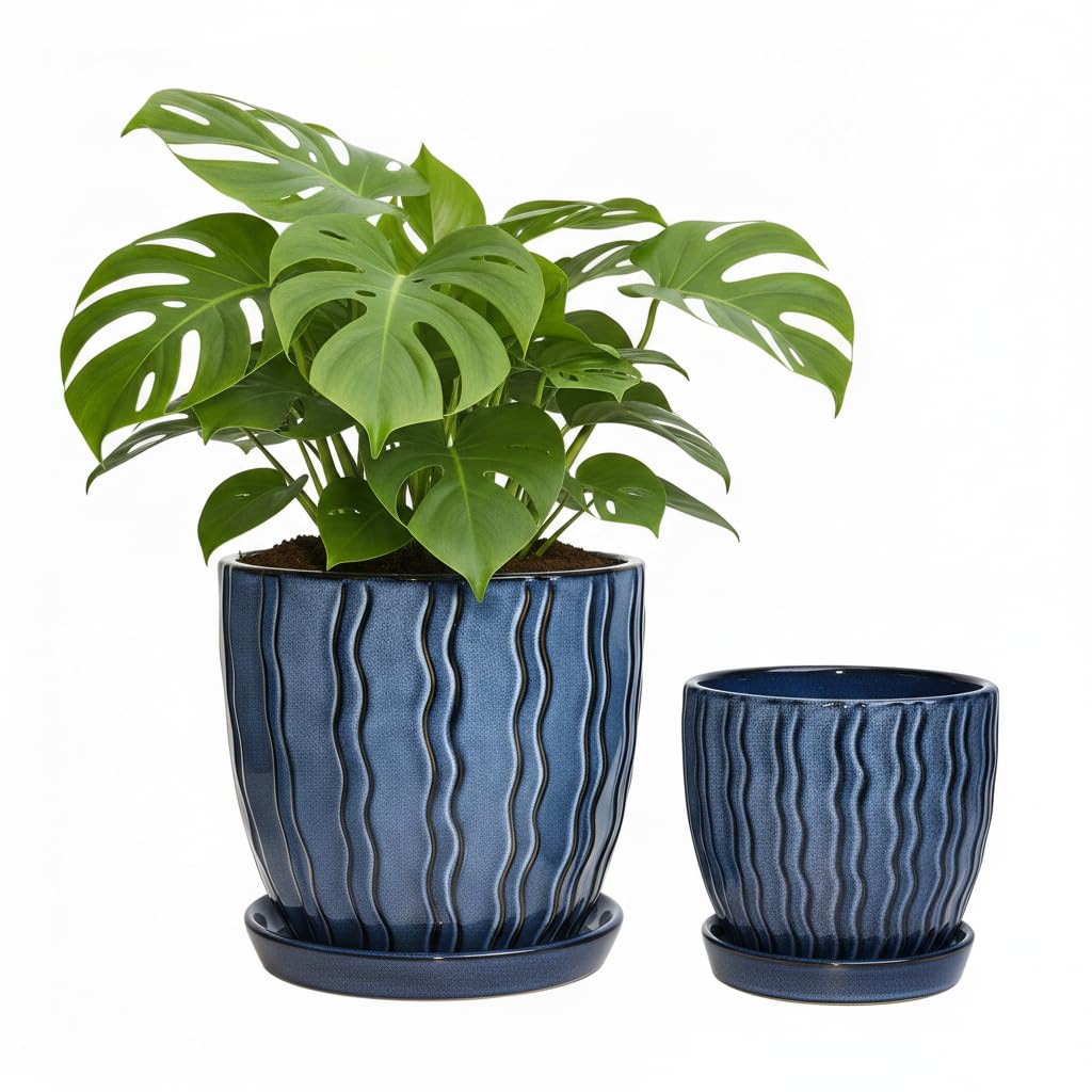 Ceramic Planter, 4.5+5.5 Inch Small Plant Pots, Flower Pots Indoor Planters with Drainage and Tray, Pot for Indoor Plants - Succulents, Snake Plant, Cactus, Aloe Vera, Herb for Home Decor(Glaze Blue)