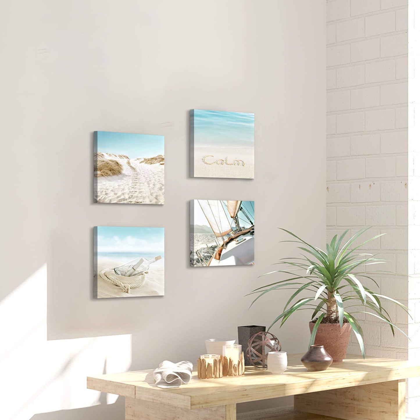 SD SOFT DANCE Beach Picture Coastal Artwork Painting: Bottle & Sailboat Blue Ocean Seascape Wall Art Canvas for Living Room (12” x 12” x 4 Panels) Visit the Store