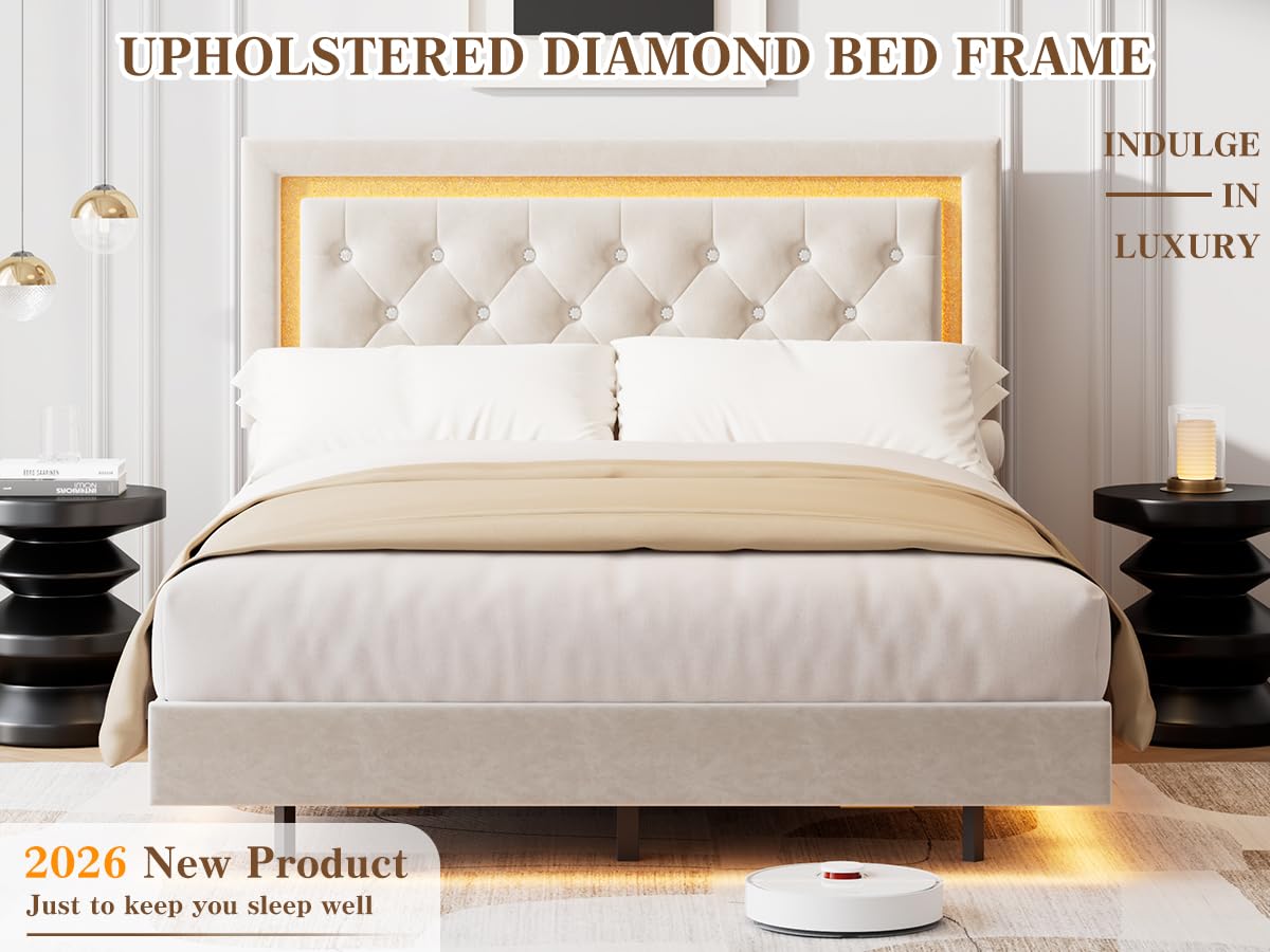 IDEALHOUSE Floating Queen Platform Bed Frame with Smart LED Lights – Modern Upholstered Diamond Headboard, Sturdy Wood Slats, Noise-Free, Easy Assembly, Sturdy Bedroom Furniture