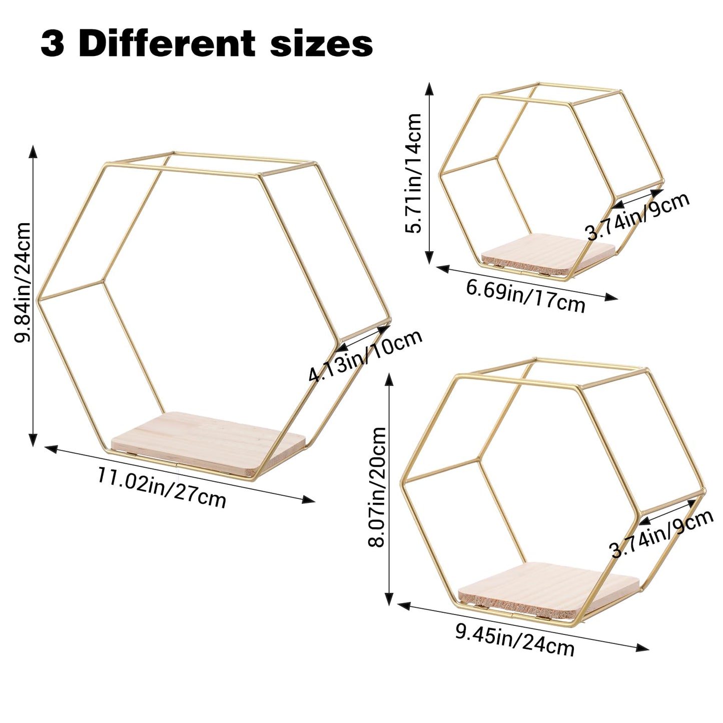 mekueeex Wall Mounted Hexagon Floating Shelves, Metal Framed Gold Shelf with Wooden Floor Storage Shelves, Modern Wall Decor for Living Room, Bedroom, Kitchen, Office, Set of 3 Size ﻿