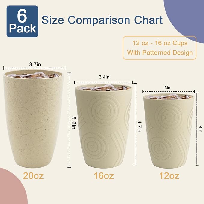 Wheat Straw Cups 6 PCS - 16 OZ Cup Set, Unbreakable Drinking Glasses, Kids Cup Set for Kitchen, Alternative to Plastic Cups Reusable Dishwasher Safe Water Tumbler (Beige)