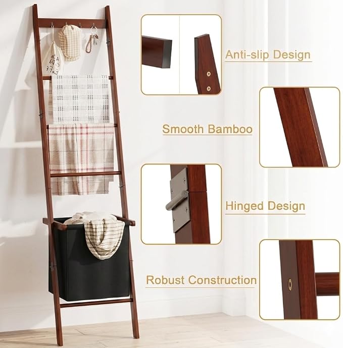 BAMBANG Bamboo Blanket Ladder with Basket, 5-Tier Quilt Rack Stand with 4 Hooks & Storage Hamper for Living Room Bathroom, Wall Leaning Decorative Ladder Shelf for Blankets Display (Brown)