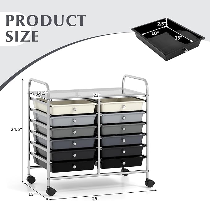 COSTWAY 12-Drawer Rolling Storage Cart, Utility Storage Organizer Cart for Tools, Scrapbook, Paper, Craft, Multipurpose Art Supply Organizer on Wheels for Home Office School, Teacher, Mixed Black