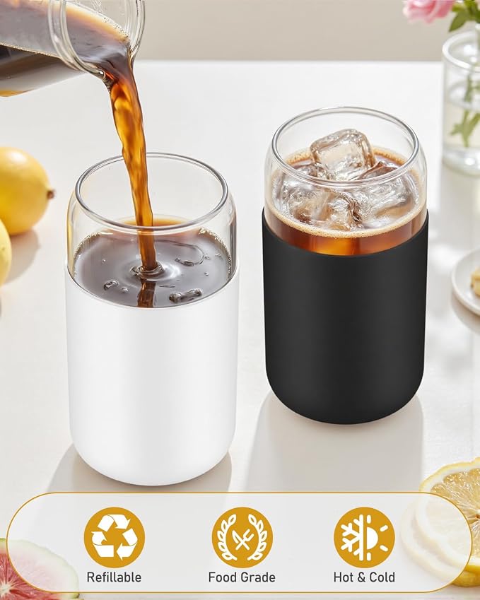 sungwoo Glass Cups with Lids and Straws, 4 Pack 16OZ Iced Coffee Cups with Silicone Sleeve, Glass Tumbler with Straw and Bamboo Lid, Home Essential Drinking Set for Juice, Cocktail and Latte 4 Colors