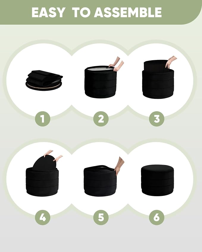 B FSOBEIIALEO Round Velvet Storage Ottoman with Tray, Folding Ottoman with Storage Coffee Table Foot Rest for Dorm Room, Living Room Black, 22.83"x22.83"x17.32"
