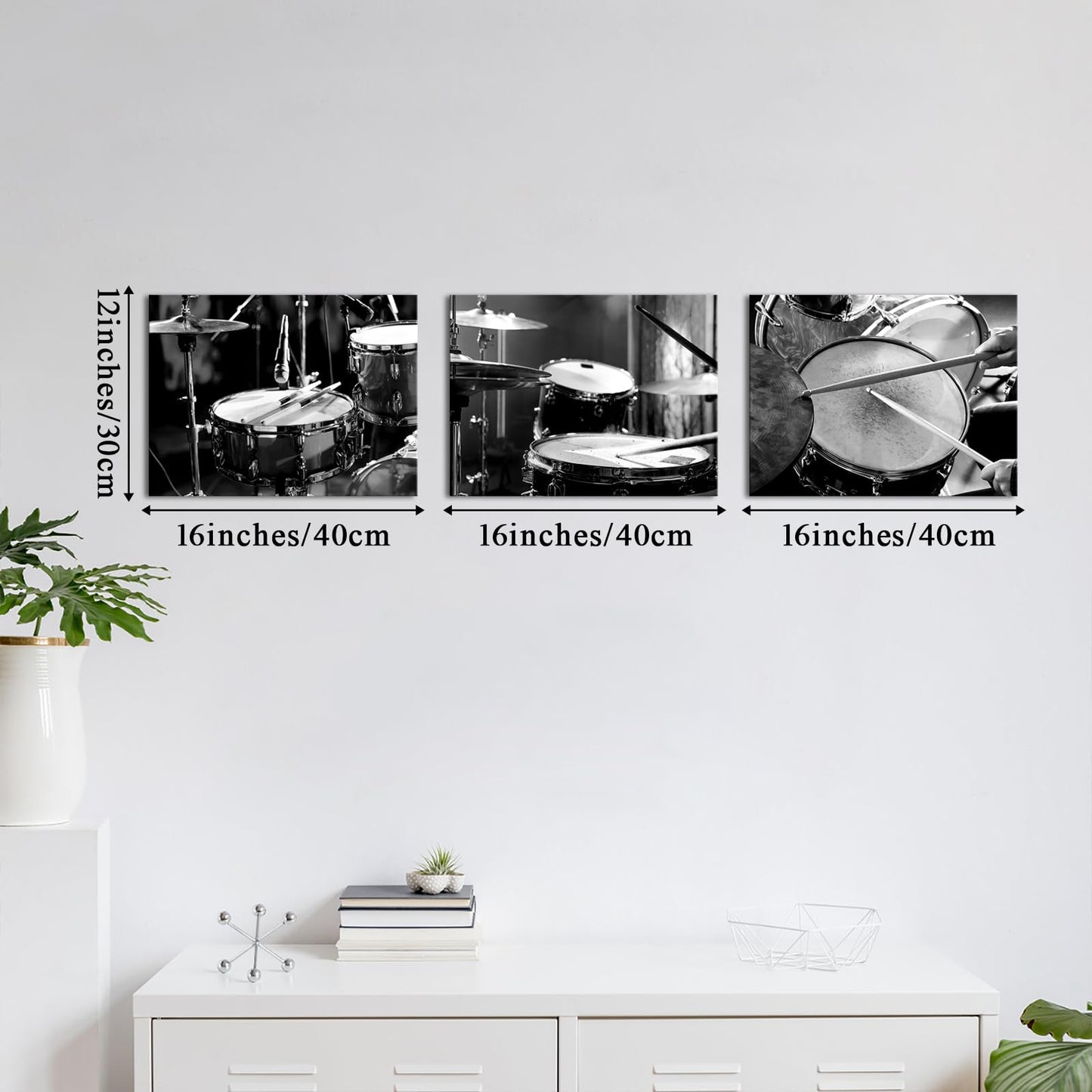 LyerArtork 3 Piece Music Wall Art Canvas Prints Black and White Rock Band Shelf Drum Set Musical Instruments Pictures Artwork Wall Decor for Home Living Room Musical Studio 12x16inchx3