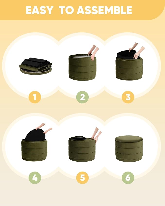 B FSOBEIIALEO Round Velvet Storage Ottoman with Tray, Folding Ottoman with Storage Coffee Table Foot Rest for Dorm Room, Living Room Olive, 22.83"x22.83"x17.32"