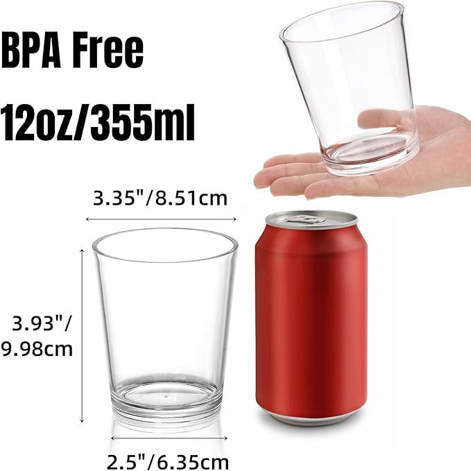 Noamus 9 Pack Plastic Drinking Glasses, 12 Oz Unbreakable Acrylic Water Tumblers, Reusable Shatter-Proof Clear Glasses, Whiskey Drinkware Cups Set for Party Kitchen, Iced Water Tea Coffee