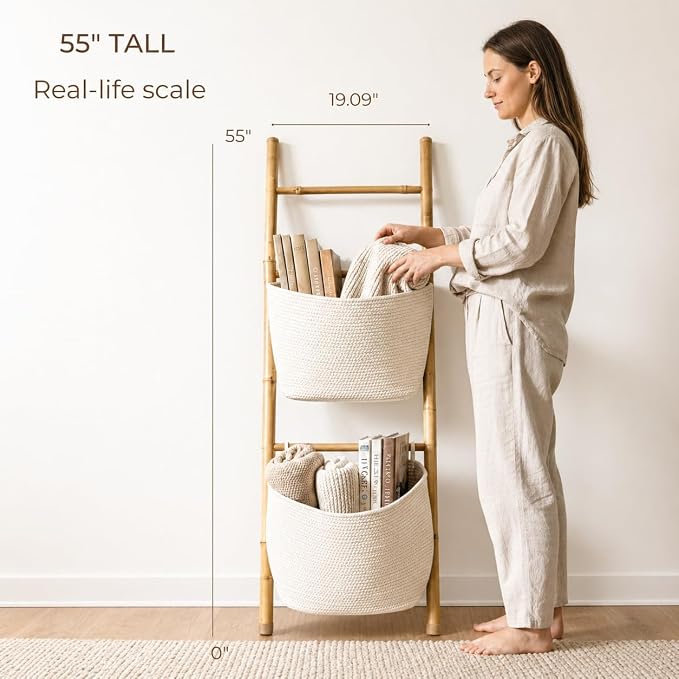 Bamboo Blanket Ladder with 2 Woven Storage Baskets, Handcrafted 55in Decorative Ladder for Blankets, Leaning Blanket Holder for Living Room, Towel Ladder for Bathroom & Quilt Display Rack