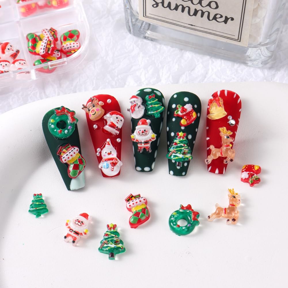 18Girds/2Boxes Christmas Nail Charms Colorful Mini Snowman Xmas Tree Nail Art Charms Reindeer Bell Nail Rhinestones 3D Resin Red Bow Heart Nail Diamond Green Half Round Beads Nail Gems for Women DIY