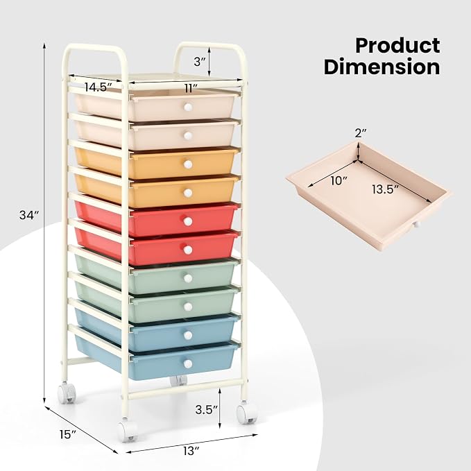 COSTWAY 10-Drawer Rolling Storage Cart, Utility Mobile Trolley with Removable Drawers & Universal Casters & 2 Brakes, Versatile Flexible Drawer Organizer Cart for Home, Office, Macaron