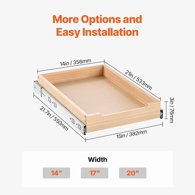 VEVOR Pull Out Cabinet Organizer, 14"W x 21"D Cabinet Drawer, Soft Close Slide out Shelf, Heavy-Duty Sliding Wood Drawer, Bottom Mount Size（14.5"W x 23"D）and Side Mount Size（15"W x 23"D）