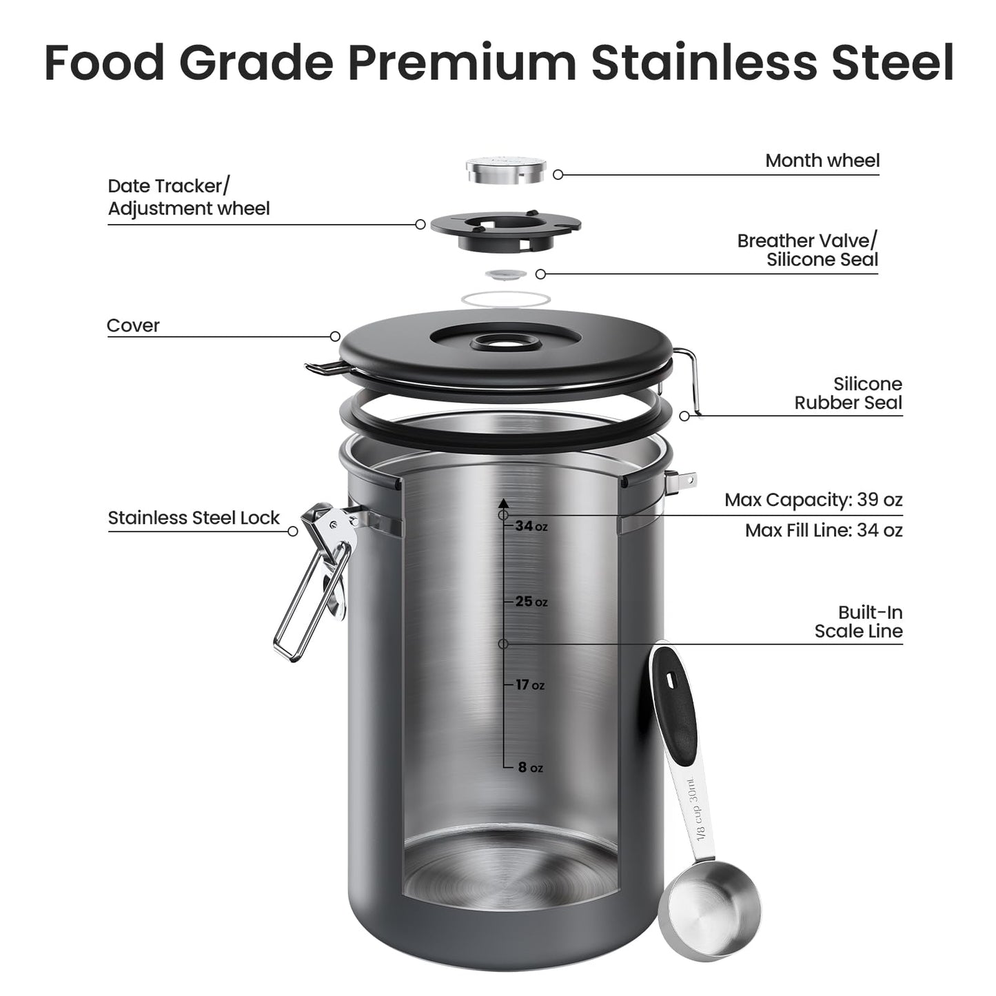 Veken Coffee Canister, 39OZ Large, Airtight Stainless Steel Food Storage Container for 2.2lbs Coffee Beans,Ground, Sugar,Espresso,Rice,Tea,Flour, Cereal,Home Kitchen Pantry Bar Accessories, Gifts,Gray