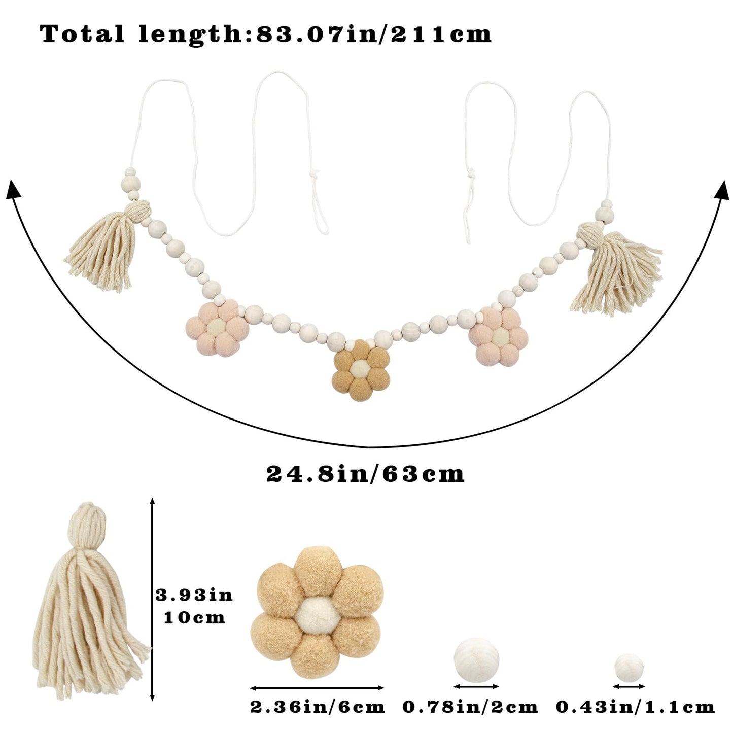 Decorations for Home, 2 Pack Boho Tassel Garland with Wooden Beads and Felt Flower, Wall Decorations for Living Room, Home Decor for Kitchen, Living Room, Entryway