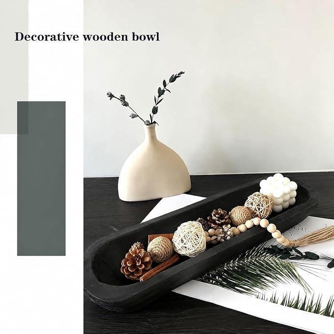 Wooden Dough Bowl Decor, Vintage Wooden Bowl Hand Carved Home Decor for Dining Table Center, Living Room, Kitchen Decor. (20inch black)