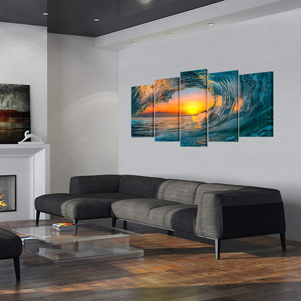 KREATIVE ARTS Large 5 Piece Sea Waves Wall Art Modern Framed Giclee Canvas Prints Seascape Artwork Ocean Beach Pictures Paintings on Canvas for Living Room Home Office Decor (Large Size 60x32inch)