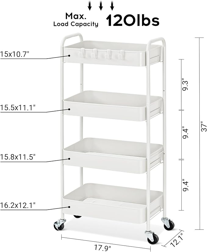 TOOLF 4-Tier Rolling Cart - Metal Storage Organizer with Lockable Wheels, 44 lbs Per Shelf Capacity, Tool-Free Assembly, for Kitchen Bathroom Office Laundry Room Nursery, White