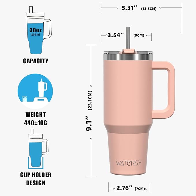 30 oz Tumbler with Handle,Tumbler with Lid and Straw,Double Wall Insulated Cup Stainless Steel Travel Mug(Cold for 34 Hours),Water Bottle for Iced Tea,Coffee,Cold Beverages(Pink)