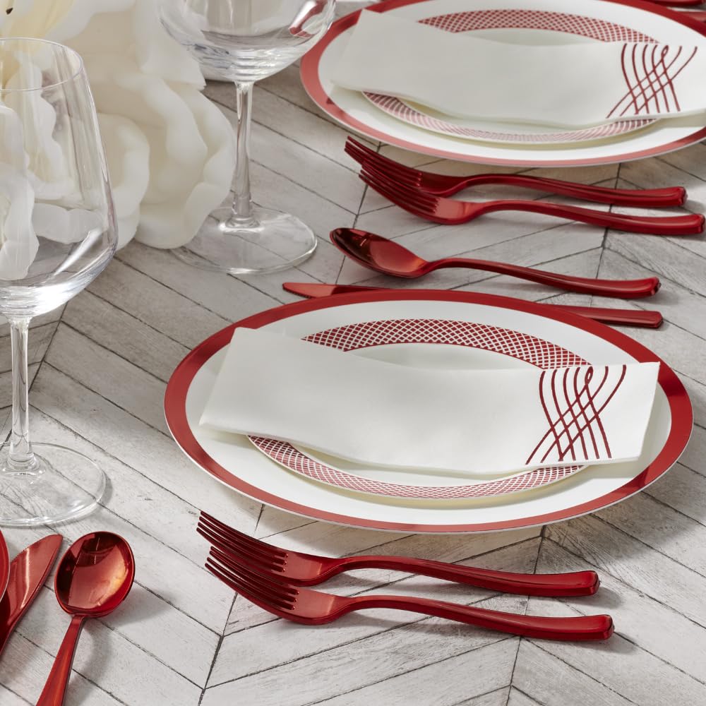 By Madee HEAVYWEIGHT 175 Pc White and Red Disposable Dinnerware Set – Fancy Plastic Plates for Party, Wedding & Bridal Shower (Serves 25)