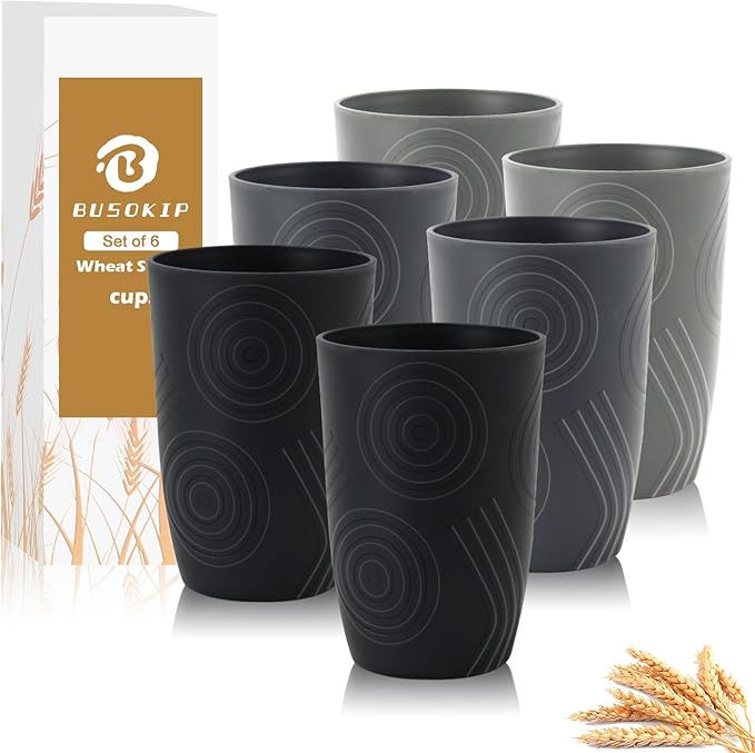 Wheat Straw Cups 6 PCS - 16 OZ Drinking Glasses, Unbreakable Drinking Cup, Water Tumbler for Kitchen, Alternative to Plastic Cups Reusable Microwave and Dishwasher Safe (Black, Grey)