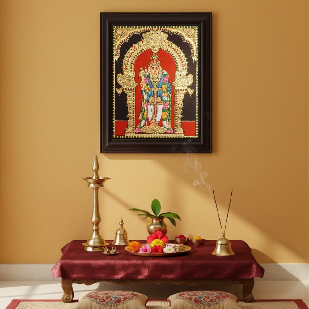 Tarang Arts Murugan God Tanjore Painting, Traditional Handmade 2D Emboss Design with 22-Carat Gold Foil, Jaipur Stones, Wooden Frame for Home Decor, Puja Room, Wall Hanging (Murugan Painting 24*18