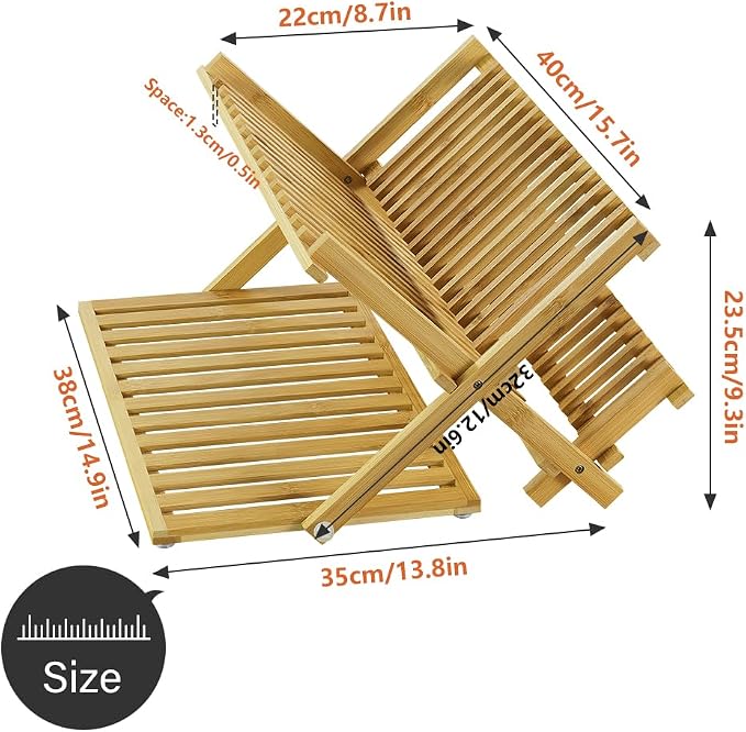 KKTONER Bamboo Dish Drying Rack with Utensil Holder 3 Tier Collapsible Drainer Rack with Dish Drying Mat for Kitchen Counter (Natural)