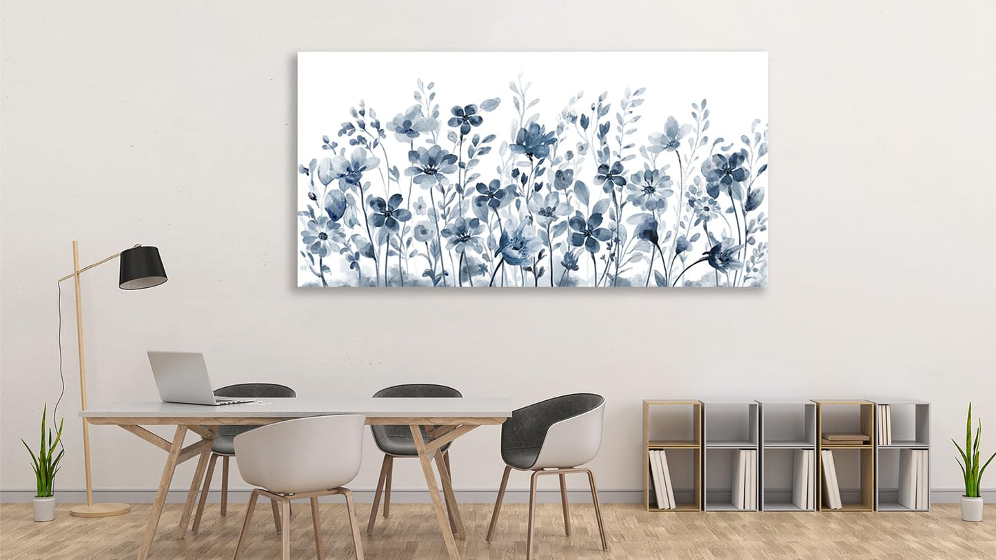 Large Flowers Wall Art for Living Room Decor Framed Art Indigo Wildflower Canvas Pictures Abstract Artwork Navy Blue Floral Canvas Prints for Bedroom Kitchen Home Office Wall Decor 24" x 48"